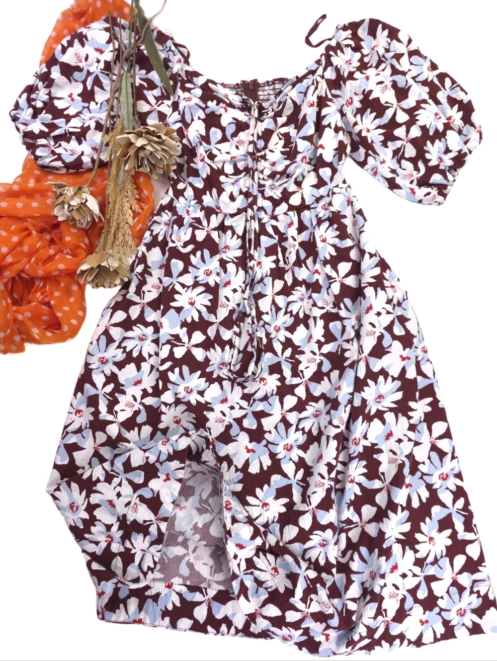 Like New Free Assembly Floral Puff-Sleeve Midi Dress in Brown White Blue Sz  XS